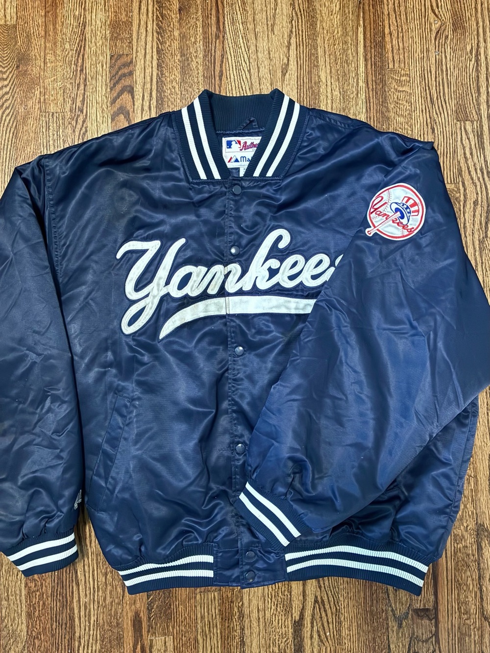 Majestic Navy and White Yankees Satin Varsity Jacket
